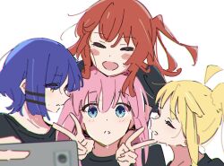 Rule 34 | 4girls, ahoge, atenaba, black shirt, blonde hair, blue eyes, blue hair, blurry, blurry foreground, blush stickers, bocchi the rock!, cellphone, chin rest, chromatic aberration, closed eyes, gotoh hitori, hair ornament, hairclip, head on head, head rest, highres, holding, holding phone, ijichi nijika, kita ikuyo, long hair, looking at another, multiple girls, one side up, open mouth, parted lips, phone, pink hair, red hair, shirt, short hair, side ponytail, simple background, smartphone, sweatdrop, taking picture, v, white background, yamada ryo, yellow eyes