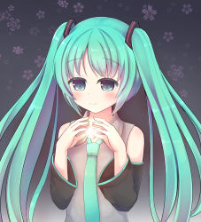 Rule 34 | 1girl, absurdres, bare shoulders, blue eyes, blush, cherry blossom print, closed mouth, collared shirt, commentary request, fingernails, floral print, green hair, green necktie, grey shirt, hair ornament, hands up, hatsune miku, highres, long hair, long sleeves, makiaato, necktie, shirt, sidelocks, sleeveless, sleeveless shirt, smile, solo, twintails, very long hair, vocaloid, wide sleeves