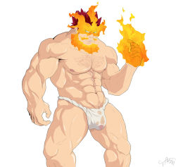 Rule 34 | 10s, 1boy, abs, artist request, bara, body hair, boku no hero academia, chest hair, crotch, endeavor (boku no hero academia), facial hair, facing viewer, fire, fundoshi, hand up, highres, japanese clothes, looking at viewer, male focus, muscular, nipples, parted lips, pectorals, red hair, topless male, short hair, simple background, solo, spiked hair, standing, teeth, endeavor (boku no hero academia), underwear, wet, white background