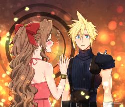 Rule 34 | 1boy, 1girl, 2020, :d, aerith gainsborough, aerith gainsborough (pink dress), armor, bad id, bad pixiv id, bare arms, black sweater, blonde hair, blue eyes, blush, bow, brown hair, closed eyes, cloud strife, dated, dress, earrings, final fantasy, final fantasy vii, hair between eyes, hair bow, jewelry, krudears, long hair, looking at another, nail polish, official alternate costume, open mouth, pink dress, pink nails, ponytail, red bow, ribbed sweater, shoulder armor, sleeveless, sleeveless dress, sleeveless sweater, smile, spiked hair, square enix, suspenders, sweater, turtleneck, turtleneck sweater, twitter username, very long hair, wall market