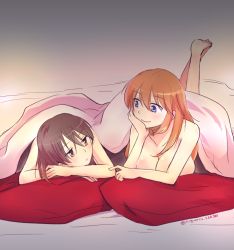 Rule 34 | 2girls, barefoot, bed, blanket, blue eyes, blush, breasts, brown eyes, brown hair, charlotte e. yeager, cleavage, closed mouth, collarbone, couple, eye contact, eyes visible through hair, feet, female focus, gertrud barkhorn, hair between eyes, hair down, large breasts, legs up, long hair, looking at another, lying, multiple girls, on bed, on stomach, orange hair, pillow, poking, shiny skin, smile, strike witches, world witches series, yuri