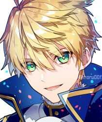 Rule 34 | 1boy, ahoge, arthur pendragon (fate), artist name, blonde hair, blue eyes, fate/grand order, fate (series), looking at viewer, male focus, moru, portrait, short hair, simple background, smile, solo, upper body, watermark, white background