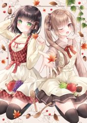 Rule 34 | 2girls, acorn, apron, arm behind head, arm up, autumn leaves, black hair, black skirt, black thighhighs, bow, brown bow, brown hair, brown shirt, center frills, collared shirt, commentary request, dress, fork, frilled shirt collar, frills, green eyes, grey background, hair bow, hand up, highres, holding, holding leaf, kohinata hoshimi, leaf, long hair, long sleeves, looking at viewer, maple leaf, multiple girls, original, plaid, plaid dress, pleated skirt, red dress, red eyes, seiza, shirt, side ponytail, sitting, skirt, sleeveless, sleeveless dress, thighhighs, waist apron, white apron, white shirt, wooden fork, wooden spoon