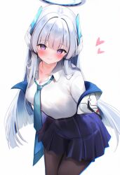 Rule 34 | 1girl, blue archive, highres, long hair, looking at viewer, maru ccy, necktie, noa (blue archive), purple eyes, shirt, simple background, smile, solo, white hair, white shirt