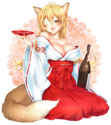 Rule 34 | &gt;;d, 1girl, ;d, alcohol, animal ears, bad id, bad pixiv id, bare shoulders, blonde hair, bottle, breasts, cleavage, collarbone, cup, fox ears, fox tail, hakama, hakama skirt, highres, japanese clothes, large breasts, long hair, looking at viewer, mayoyara, off shoulder, one eye closed, open mouth, original, ribbon-trimmed sleeves, ribbon trim, sakazuki, sake, sake bottle, sitting, skirt, smile, solo, tail, v-shaped eyebrows, wide sleeves, yellow eyes