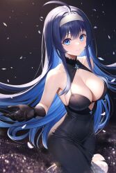 Rule 34 | 1girl, absurdres, ahoge, bare shoulders, black dress, black gloves, blue eyes, blue hair, blush, breasts, cleavage, clothing cutout, cocktail dress, collarbone, confetti, djhlaod, dress, gloves, highres, large breasts, looking at viewer, orie ballardiae harada, smile, solo, stomach cutout, under night in-birth