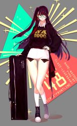 Rule 34 | 1girl, absurdres, bad id, bad pixiv id, belt, black sweater, case, character name, clothes writing, collared shirt, copyright name, earrings, english text, full body, girls&#039; frontline, glasses, green-framed eyewear, hand on own hip, highres, jewelry, kneehighs, long hair, long sleeves, looking away, nail polish, odeng touken, one side up, parted lips, purple hair, red eyes, ring, shirt, shoes, short shorts, shorts, sneakers, socks, solo, sparkle, standing, star (symbol), striped clothes, striped shirt, sweater, vertical-striped clothes, vertical-striped shirt, very long hair, wa2000 (girls&#039; frontline), wedding band, white background, white shorts, wing collar, yellow nails