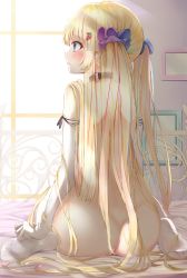 Rule 34 | 1girl, absurdres, ass, blonde hair, blue eyes, blush, collar, elbow gloves, facing away, food-themed hair ornament, from behind, gloves, hair ornament, highres, indoors, long hair, multicolored hair, nude, original, picture frame, sitting, solo, strawberry hair ornament, streaked hair, thighhighs, toratora (nanahaba), twintails, wariza, white gloves, white thighhighs, window