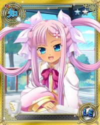 Rule 34 | 1girl, blue eyes, card (medium), crop top, cup, day, fang, hair ornament, hairclip, hikage eiji, koihime musou, long hair, midriff, navel, official art, open mouth, outdoors, pink hair, pink shirt, ribbon, shirt, sitting, smile, solo, sonshoukou, table, teacup, twintails, upper body, very long hair