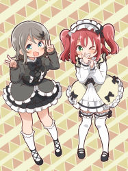 Rule 34 | &gt; o, 2girls, :d, black bow, black dress, black footwear, black neckwear, blue eyes, blush, bow, bowtie, butterfly hair ornament, covering own mouth, cross-laced clothes, double v, dress, frilled legwear, full body, gothic lolita, green eyes, grey hair, grin, hair ornament, hairband, hands up, kneehighs, kurosawa ruby, lolita fashion, lolita hairband, long sleeves, looking at viewer, love live!, love live! school idol festival, love live! sunshine!!, mary janes, mezashi (mezamashi set), multiple girls, one eye closed, open mouth, outline, red hair, shoes, short hair, smile, socks, standing, thighhighs, two side up, v, v-shaped eyebrows, watanabe you, white legwear, white outline, yellow dress