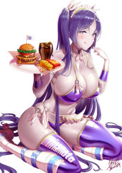 Rule 34 | 1girl, alternate hairstyle, bare shoulders, bikini, blush, breasts, burger, character name, cleavage, collarbone, cup, fate/grand order, fate (series), food, french fries, gloves, highres, large breasts, licking lips, long hair, looking at viewer, maid headdress, minamoto no raikou (fate), parted bangs, purple eyes, purple hair, roller skates, sitting, skates, smile, soda, swimsuit, thighhighs, thighs, tongue, tongue out, twintails, uo denim, very long hair, wariza, white gloves