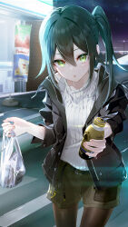 Rule 34 | 1girl, :c, absurdres, bag, black jacket, black pantyhose, building, can, canned coffee, collared jacket, convenience store, cowboy shot, crosswalk, dice gt, drink, drink can, green eyes, green shorts, hair between eyes, highres, holding, holding bag, holding drink, horizon, jacket, long hair, long sleeves, looking at viewer, night, night sky, open clothes, open jacket, open mouth, original, outdoors, pantyhose, plastic bag, raised eyebrows, ribbed sweater, road, shop, shorts, side ponytail, sidelocks, sky, solo, street, sweater, turtleneck, turtleneck sweater, white sweater
