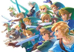 Rule 34 | 6+boys, attack, blue eyes, brown hair, commentary, commentary request, english commentary, fingerless gloves, gloves, green headwear, highres, holding, holding shield, holding sword, holding weapon, hylian shield, link, male focus, master sword, mixed-language commentary, multiple boys, nintendo, oim8n, shield, simple background, sword, the legend of zelda, the legend of zelda: breath of the wild, the legend of zelda: majora&#039;s mask, the legend of zelda: ocarina of time, the legend of zelda: skyward sword, the legend of zelda: the wind waker, the legend of zelda: twilight princess, toon link, weapon, white background, white hair, wolf link, young link
