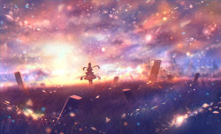 Rule 34 | 1girl, ahoge, backlighting, boots, capelet, cloud, cloudy sky, dark, dress, fantasy, field, from behind, grass, horizon, knee boots, lens flare, light particles, long hair, original, sakimori (hououbds), scenery, sky, solo, twintails, wind