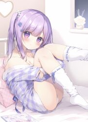 Rule 34 | 1girl, ass, bare shoulders, blue flower, blush, breasts, cleavage, closed mouth, collarbone, commentary request, feet out of frame, flower, hair flower, hair ornament, hair scrunchie, highres, hugging own legs, jacket, long hair, long sleeves, looking at viewer, medium breasts, miyasaka naco, no shoes, off shoulder, open clothes, open jacket, original, panties, plaid, plaid jacket, puffy long sleeves, puffy sleeves, purple eyes, purple hair, purple jacket, ribbon-trimmed legwear, ribbon-trimmed socks, ribbon trim, scrunchie, sleeves past wrists, smile, socks, solo, twintails, underwear, white panties, white scrunchie, white socks