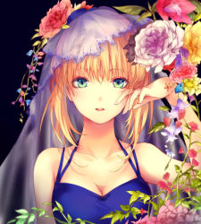 Rule 34 | 1girl, alternate costume, artoria pendragon (all), artoria pendragon (fate), bare shoulders, blonde hair, blue dress, bw (pixiv18531763), dress, fate (series), flower, green eyes, looking at viewer, saber (fate), solo, upper body, veil