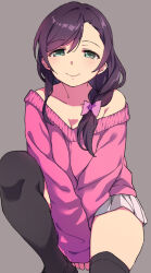 Rule 34 | 1girl, bare shoulders, black thighhighs, bow, braid, braided ponytail, breasts, cleavage, collarbone, duke (inu daimyou), green eyes, grey background, hair bow, long hair, looking at viewer, love live!, love live! school idol project, medium breasts, pink bow, pink sweater, purple hair, simple background, skirt, smile, solo, sweater, thighhighs, thighs, tojo nozomi, white skirt