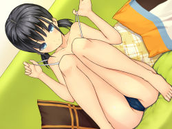 Rule 34 | 1girl, bad id, bad pixiv id, bare legs, bare shoulders, barefoot, black hair, blue eyes, collarbone, couch, dutch angle, kabocha head, knees up, long hair, low twintails, original, pillow, sitting, smile, solo, strap pull, swimsuit, twintails
