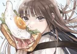 Rule 34 | 1girl, absurdres, bacon, bread, bread slice, brown eyes, brown hair, egg, eyelashes, food, food in mouth, highres, inuchiru, long hair, mouth hold, original, sailor collar, school uniform, shirt, solo, toast, toast in mouth, upper body, water drop, white shirt