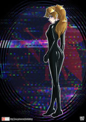 Rule 34 | 1girl, aged up, ass, blue eyes, breasts, brown hair, expressionless, full body, highres, latex, latex suit, long hair, looking at viewer, looking back, neon genesis evangelion, solo, souryuu asuka langley, twintails