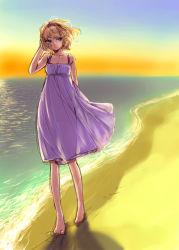 Rule 34 | 1girl, alice margatroid, barefoot, beach, dress, expressionless, female focus, hand in own hair, matilda (matildax), no panties, ocean, outdoors, see-through, see-through silhouette, solo, sundress, sunset, touhou, walking, water
