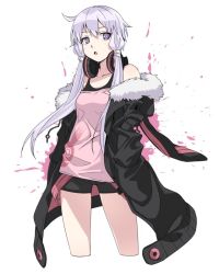 Rule 34 | 1girl, breasts, camisole, coat, collarbone, cropped legs, fur trim, hair between eyes, headphones, headphones around neck, light purple hair, long hair, looking at viewer, low twintails, open clothes, open coat, open mouth, purple eyes, purple hair, ryuusei (ryuuseiseikou), short shorts, shorts, small breasts, solo, suspenders, twintails, vocaloid, voiceroid, white background, yagi (ningen), yuzuki yukari