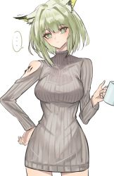 1girl arknights breasts bright_pupils brown_sweater clothing_cutout cowboy_shot cup green_eyes green_hair hair_intakes highres holding holding_cup kal&#039;tsit_(arknights) large_breasts long_sleeves looking_at_viewer material_growth mug oripathy_lesion_(arknights) ribbed_sweater shino_duka short_hair shoulder_cutout simple_background single_bare_shoulder solo sweater white_background white_pupils