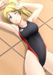 Rule 34 | 10s, 1girl, arena (company), ayase eli, blonde hair, blue eyes, competition swimsuit, fuuma nagi, long hair, love live!, love live! school idol project, lying, one-piece swimsuit, one eye closed, ponytail, solo, swimsuit, wink