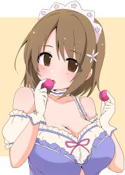 Rule 34 | 1girl, absurdres, bare shoulders, blue dress, blush, border, bow, breasts, brown eyes, brown hair, chiji komari, cleavage, collarbone, detached sleeves, dot nose, dress, flower, food, frilled dress, frilled sleeves, frills, gloves, hair flower, hair ornament, hands up, highres, holding, holding food, idolmaster, idolmaster cinderella girls, idolmaster cinderella girls starlight stage, large breasts, looking at viewer, macaron, mimura kanako, open mouth, outside border, plump, red bow, short hair, simple background, sleeveless, sleeveless dress, solo, upper body, white border, white gloves, white headdress, white sleeves, yellow background