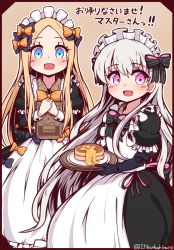 Rule 34 | 10s, 2girls, :d, abigail williams (fate), absurdres, alternate costume, apron, black bow, black gloves, blonde hair, blue eyes, blush, bow, butter, doll joints, elbow gloves, enmaided, fate/extra, fate/grand order, fate (series), food, forehead, gloves, hair between eyes, hair bow, highres, holding, holding tray, joints, layered sleeves, long hair, long sleeves, looking at viewer, maid, maid apron, maid headdress, menu, multiple girls, nursery rhyme (fate), open mouth, orange bow, own hands together, pancake, pancake stack, parted bangs, pink hair, plate, polka dot, polka dot bow, puffy short sleeves, puffy sleeves, short over long sleeves, short sleeves, silver hair, smile, striped, striped bow, syrup, translated, tray, twitter username, very long hair, white apron, yuya090602