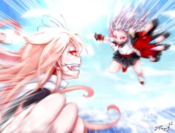 Rule 34 | 2girls, action, animal ears, azur lane, battle, blonde hair, crossover, fangs, fingerless gloves, fingernails, gloves, glowing, glowing eyes, hair flaps, hair ornament, highres, historical name connection, kantai collection, long hair, motion lines, multiple girls, nail polish, name connection, open mouth, pleated skirt, red eyes, school uniform, serafuku, sharp fingernails, short eyebrows, signature, silver hair, skirt, tranquillity650, yuudachi (azur lane), yuudachi (kancolle)