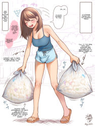 Rule 34 | 1futa, bag, blue shirt, blue shorts, blush, breasts, brown hair, bulge, cleavage, condom, covered testicles, daisy mitsumata, dated, dolphin shorts, english text, erection, erection under clothes, flying sweatdrops, futanari, hard-translated, holding, holding bag, large breasts, leaning forward, multiple condoms, non-web source, open mouth, original, outdoors, partially colored, shirt, shorts, signature, slippers, solo, speech bubble, sweatdrop, tank top, testicles, third-party edit, too many, translated, trash bag, used condom, used tissue, walking