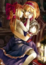 Rule 34 | 2girls, after kiss, alice margatroid, blonde hair, blue eyes, bow, bug, butterfly, cape, chair, doll, doll joints, hair bow, hairband, highres, bug, joints, lamp, looking at viewer, multiple girls, nishiuri, saliva, saliva trail, shanghai doll, sitting, smile, topless, touhou, yuri