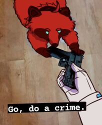 Rule 34 | 1other, ahoge, animal ears, animalization, commentary, cup, english commentary, english text, fillmargarin, gloves, go do a crime (meme), gun, gundam, gundam suisei no majo, handgun, holding, holding gun, holding weapon, meme, out of frame, photo-referenced, photo background, pov, red hair, spacesuit, suletta mercury, tanuki, weapon, white gloves, wooden floor