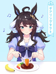Rule 34 | 1girl, ahoge, animal ears, banana, black hair, blue background, blue eyes, breasts, carrot, character name, closed mouth, collarbone, commentary request, daring tact (umamusume), eating, food, fork, fruit, hair ornament, highres, holding, holding fork, horse ears, horse girl, kashmir 0808, long hair, looking at viewer, medium breasts, plate, smile, solo, star (symbol), star hair ornament, table, umamusume