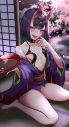 Rule 34 | 1girl, alcohol, bare shoulders, barefoot, bob cut, breasts, collarbone, cup, eyeliner, fate/grand order, fate (series), headpiece, highres, horns, ichi kq, japanese clothes, kimono, long sleeves, looking at viewer, makeup, obi, off shoulder, oni, open mouth, purple eyes, purple hair, purple kimono, revealing clothes, sakazuki, sake, sash, short hair, short kimono, shuten douji (fate), skin-covered horns, small breasts, smile, solo, tongue, tongue out, wide sleeves