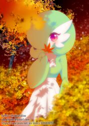 Rule 34 | 1girl, artist name, autumn, autumn leaves, blurry, blurry foreground, blush, breasts, colored skin, covering own mouth, cowboy shot, creatures (company), dappled sunlight, day, edna faline, email address, female focus, game freak, gardevoir, gen 3 pokemon, green hair, green skin, hair over one eye, hand up, holding, holding leaf, leaf, light particles, looking at viewer, maple leaf, medium breasts, multicolored skin, nintendo, one eye covered, orange background, outdoors, pixiv id, pokemon, pokemon (creature), red eyes, short hair, solo, standing, sunlight, tree, twitter username, two-tone skin, watermark, web address, white skin