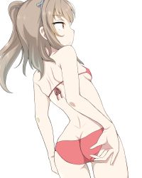 Rule 34 | 1girl, adjusting clothes, adjusting swimsuit, ass, back, bikini, blue ribbon, breasts, brown eyes, butt crack, commentary request, cowboy shot, dimples of venus, dutch angle, from behind, girls und panzer, hair ribbon, highres, light brown hair, long hair, one side up, pink bikini, ribbon, shimada arisu, shiroobi (whitebeltmaster), sideboob, simple background, small breasts, solo, standing, swimsuit, white background