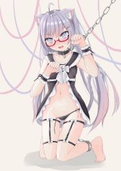 Rule 34 | 1girl, :d, absurdly long hair, absurdres, animal ears, babydoll, black panties, blush, breasts, cat ears, cat girl, cat tail, chain, collar, collarbone, commentary request, eyes visible through hair, glasses, grey eyes, hair ornament, hairclip, highres, kneeling, kuro ichigo, long hair, looking at viewer, midriff, navel, open mouth, original, panties, paw pose, semi-rimless eyewear, side-tie panties, sidelocks, silver hair, simple background, small breasts, smile, solo, tail, twintails, underwear, very long hair