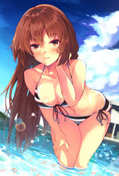 Rule 34 | 1girl, bikini, blush, breasts, brown eyes, brown hair, cleavage, cloud, cloudy sky, day, highres, leaning forward, long hair, looking at viewer, medium breasts, mizuyoukan (mikususannda), navel, original, outdoors, parted lips, petals, sky, smile, solo, sparkle, standing, striped bikini, striped clothes, swimsuit, wading, water, wet
