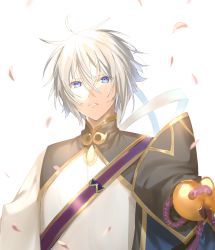 Rule 34 | 1boy, bishounen, blue eyes, chinese clothes, fate/grand order, fate (series), grey hair, hair between eyes, highres, long sleeves, male focus, parted lips, petals, prince of lan ling (fate), puffy long sleeves, puffy sleeves, sash, seseragi azuma, shirt, short hair, shoulder sash, simple background, solo, white shirt