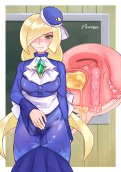 Rule 34 | 1girl, absurdres, anal beads, bad id, bad pixiv id, bladder, blonde hair, blue dress, blue hat, blush, breasts, closed mouth, commentary request, creatures (company), cross-section, dildo, dress, game freak, gem, green eyes, hair over one eye, half-closed eyes, hat, have to pee, highres, long hair, long sleeves, lusamine (pokemon), nintendo, norza, nose blush, pee, peeing, peeing self, pokemon, pokemon (anime), pokemon sm146, pokemon sm (anime), sex toy, solo, sweatdrop, uterus, vaginal, vibrator