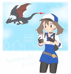 Rule 34 | 1girl, alternate color, belt, black gloves, black pantyhose, blue headwear, blue overalls, blush, brown hair, cellphone, charizard, closed mouth, commentary request, cosplay, creatures (company), cropped jacket, female protagonist (pokemon go), female protagonist (pokemon go) (cosplay), game freak, gen 1 pokemon, gloves, grey belt, grey eyes, hat, holding, holding phone, jacket, looking down, may (pokemon), medium hair, nintendo, outline, overalls, pantyhose, phone, pokemon, pokemon (creature), pokemon go, pokemon rse, shiny pokemon, shiogi (riza 49), sleeves past elbows, twitter username, watermark, white jacket