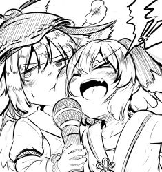 Rule 34 | !, !!, &gt;:d, &gt; &lt;, 2girls, :d, animal ears, annoyed, blush, closed eyes, closed mouth, commentary request, dog ears, greyscale, hair between eyes, hat, holding, holding microphone, kasodani kyouko, lolimate, long sleeves, microphone, monochrome, multiple girls, music, mystia lorelei, open mouth, short hair, singing, smile, spoken exclamation mark, sweat, touhou, upper body, v-shaped eyebrows, wings