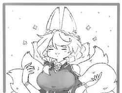 Rule 34 | 1girl, :3, :d, animal ears, bracelet, breasts, closed eyes, dress, facing viewer, flower, fox ears, fox tail, greyscale, hair flower, hair ornament, inari (monster girl encyclopedia), jewelry, large breasts, latenight, monochrome, monster girl encyclopedia, multiple tails, open mouth, short hair, smile, solo, tail, upper body