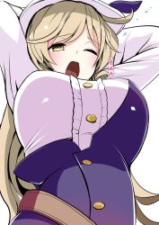 Rule 34 | 1girl, amisu, arms up, belt, blonde hair, breasts, dress, from below, hat, highres, large breasts, long hair, long sleeves, md5 mismatch, one eye closed, open mouth, resized, shirt, simple background, solo, speech bubble, stretching, text focus, touhou, upper body, watatsuki no toyohime, white background, yawning, yellow eyes