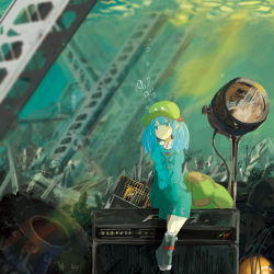 Rule 34 | 1girl, album cover, backpack, bag, blue hair, blue jacket, blue skirt, blush, boots, bow, bubble, cabbie hat, caustics, colored eyelashes, cover, day, debris, footwear bow, hands on lap, hat, highres, jacket, junk, kawashiro nitori, kei (kaede60), key, light reflection (water), long sleeves, looking to the side, pocket, rubber boots, shoes, sitting, sketch, skirt, smile, solo, speaker, spotlight, steel beam, tire, touhou, two side up, underwater, unworn backpack, unworn bag