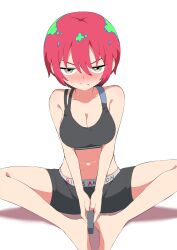 1girl amate_yuzuriha aqua_dress aqua_eyes blush breasts cleavage dress gundam gundam_gquuuuuux midriff multicolored_eyes red_eyes red_hair short_hair sitting solo underwear