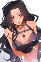 Rule 34 | absurdres, black bustier, black hair, breasts, cleavage, dark-skinned female, dark skin, forehead, from above, gold necklace, gradient background, grey background, highres, jewelry, keisea, large breasts, lens flare, lips, long hair, looking at viewer, midriff, mole, mole under eye, multicolored eyes, necklace, nijisanji, nijisanji en, purple eyes, red eyes, scarle yonaguni, shiny skin, simple background, solo, twitter username, upper body, virtual youtuber, white background