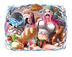 Rule 34 | 1girl, bread, brown jacket, cup, food, game cg, jacket, jewelry bonney, long hair, meat, midriff, navel, official art, one piece, one piece treasure cruise, open mouth, piercing, pink hair, shirt, solo, teeth, tomato, water, white shirt